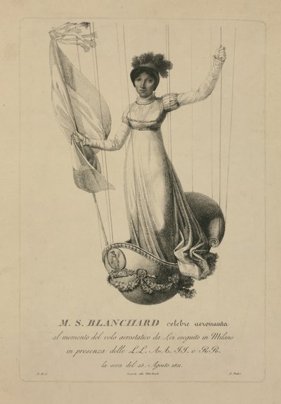Sophie Blanchard nel cesto del suo pallone durante il suo volo a Milano alla presenza di Napoleone, 1811 da L. Rados